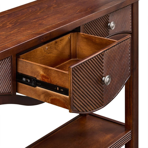 English Elm 52'' Fluted Pine Console Table with 3 Drawers Scalloped Edge Retro Sofa Entryway Espresso W1202P330892