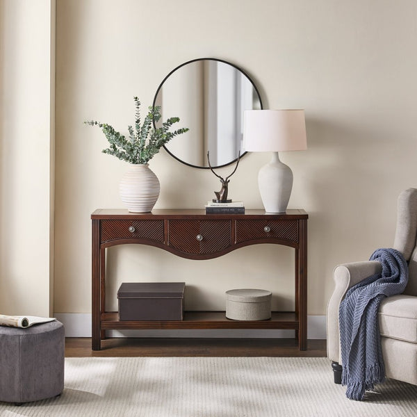 English Elm 52'' Fluted Pine Console Table with 3 Drawers Scalloped Edge Retro Sofa Entryway Espresso W1202P330892