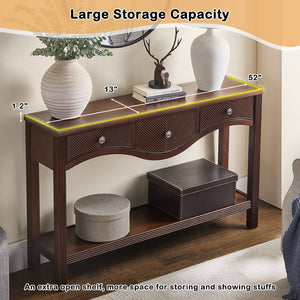 English Elm 52'' Fluted Pine Console Table with 3 Drawers Scalloped Edge Retro Sofa Entryway Espresso W1202P330892