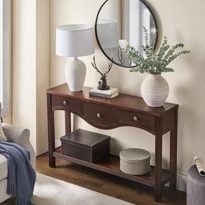 English Elm 52'' Fluted Pine Console Table with 3 Drawers Scalloped Edge Retro Sofa Entryway Espresso W1202P330892