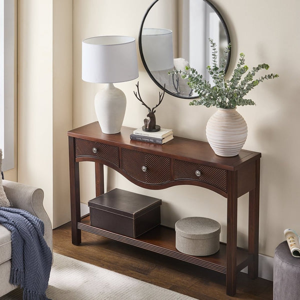 English Elm 52'' Fluted Pine Console Table with 3 Drawers Scalloped Edge Retro Sofa Entryway Espresso W1202P330892