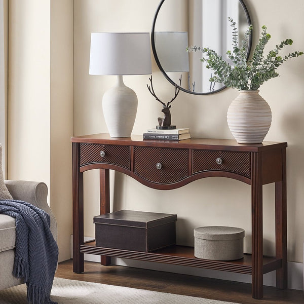 English Elm 52'' Fluted Pine Console Table with 3 Drawers Scalloped Edge Retro Sofa Entryway Espresso W1202P330892