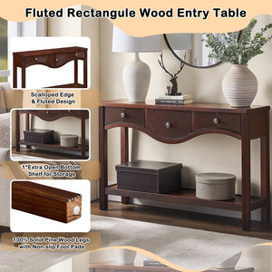 English Elm 52'' Fluted Pine Console Table with 3 Drawers Scalloped Edge Retro Sofa Entryway Espresso W1202P330892