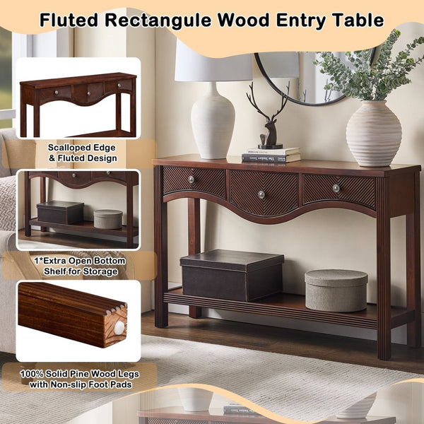 English Elm 52'' Fluted Pine Console Table with 3 Drawers Scalloped Edge Retro Sofa Entryway Espresso W1202P330892