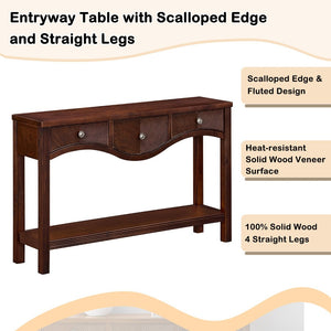English Elm 52'' Fluted Pine Console Table with 3 Drawers Scalloped Edge Retro Sofa Entryway Espresso W1202P330892
