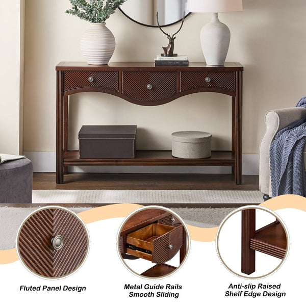English Elm 52'' Fluted Pine Console Table with 3 Drawers Scalloped Edge Retro Sofa Entryway Espresso W1202P330892
