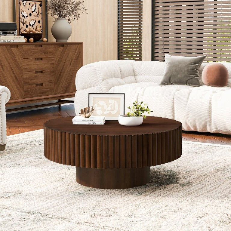 English Elm 31.5 Round Fluted Drum Pine Wood Coffee Table Vintage Distressed Finish Living Room W1202P336078