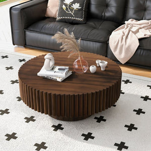 English Elm 31.5 Round Fluted Drum Pine Wood Coffee Table Vintage Distressed Finish Living Room W1202P336078