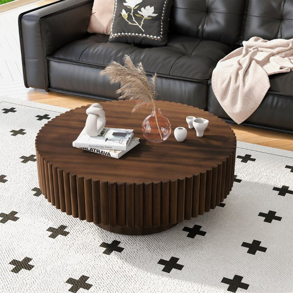 English Elm 31.5 Round Fluted Drum Pine Wood Coffee Table Vintage Distressed Finish Living Room W1202P336078