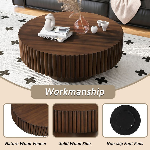 English Elm 31.5 Round Fluted Drum Pine Wood Coffee Table Vintage Distressed Finish Living Room W1202P336078
