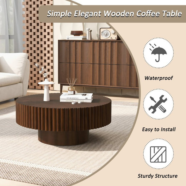 English Elm 31.5 Round Fluted Drum Pine Wood Coffee Table Vintage Distressed Finish Living Room W1202P336078