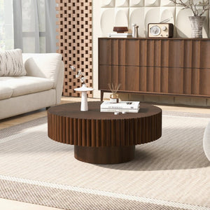 English Elm 31.5 Round Fluted Drum Pine Wood Coffee Table Vintage Distressed Finish Living Room W1202P336078