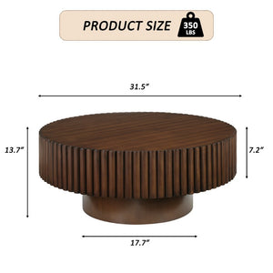 English Elm 31.5 Round Fluted Drum Pine Wood Coffee Table Vintage Distressed Finish Living Room W1202P336078