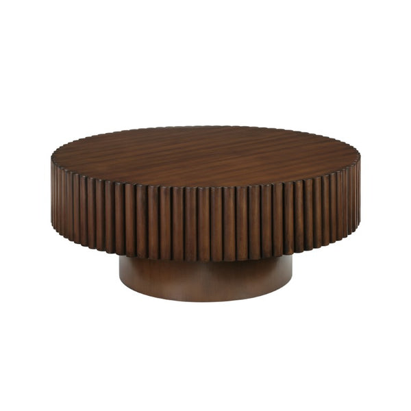 English Elm 31.5 Round Fluted Drum Pine Wood Coffee Table Vintage Distressed Finish Living Room W1202P336078