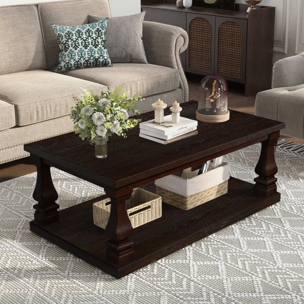 English Elm Farmhouse Rectangular Coffee Table Two Tier Open Shelf Carved Legs Living Room Espresso W1202P426202