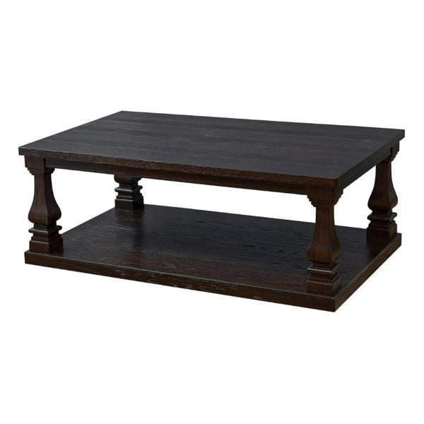 English Elm Farmhouse Rectangular Coffee Table Two Tier Open Shelf Carved Legs Living Room Espresso W1202P426202