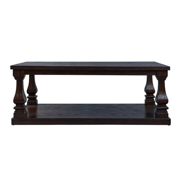 English Elm Farmhouse Rectangular Coffee Table Two Tier Open Shelf Carved Legs Living Room Espresso W1202P426202