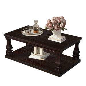 English Elm Farmhouse Rectangular Coffee Table Two Tier Open Shelf Carved Legs Living Room Espresso W1202P426202
