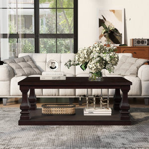 English Elm Farmhouse Rectangular Coffee Table Two Tier Open Shelf Carved Legs Living Room Espresso W1202P426202