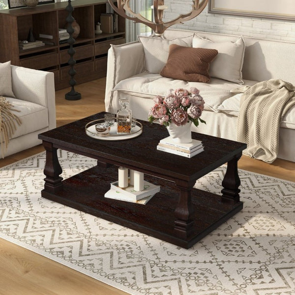 English Elm Farmhouse Rectangular Coffee Table Two Tier Open Shelf Carved Legs Living Room Espresso W1202P426202