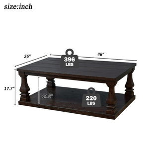 English Elm Farmhouse Rectangular Coffee Table Two Tier Open Shelf Carved Legs Living Room Espresso W1202P426202