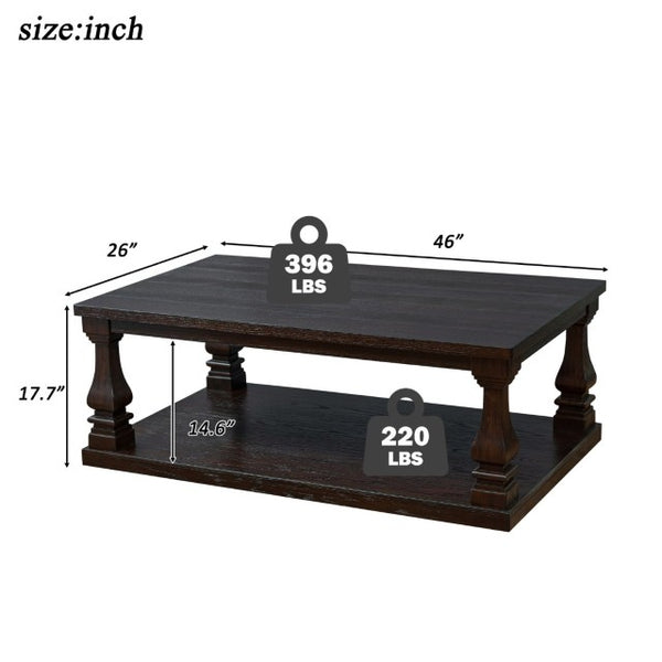 English Elm Farmhouse Rectangular Coffee Table Two Tier Open Shelf Carved Legs Living Room Espresso W1202P426202