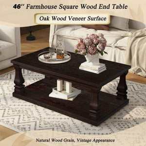 English Elm Farmhouse Rectangular Coffee Table Two Tier Open Shelf Carved Legs Living Room Espresso W1202P426202
