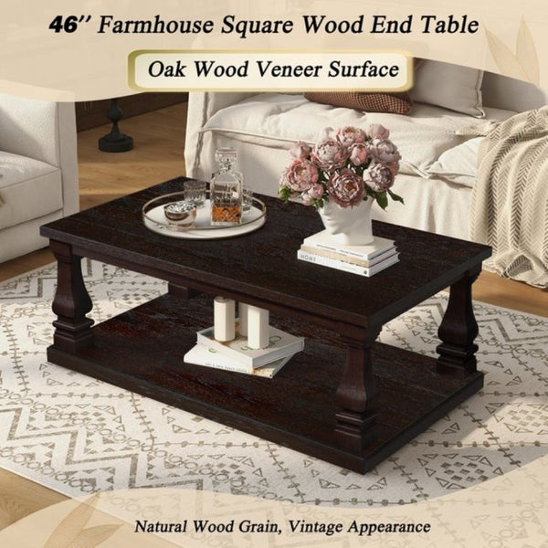 English Elm Farmhouse Rectangular Coffee Table Two Tier Open Shelf Carved Legs Living Room Espresso W1202P426202