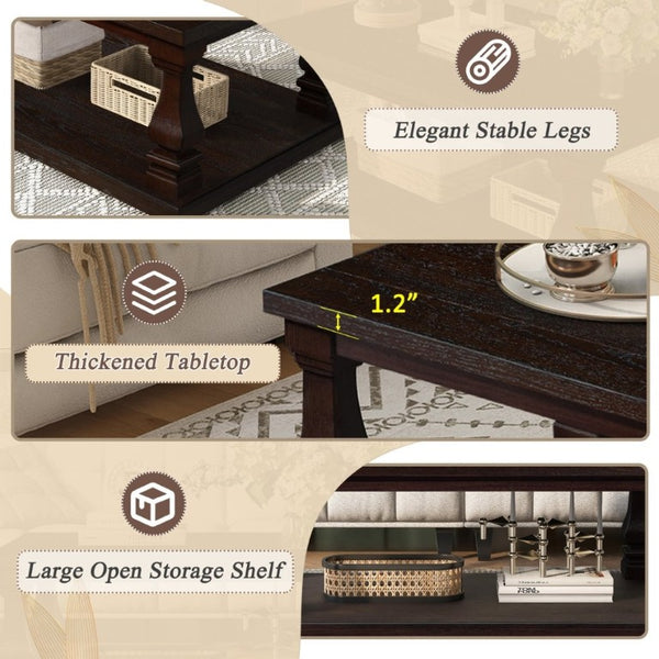 English Elm Farmhouse Rectangular Coffee Table Two Tier Open Shelf Carved Legs Living Room Espresso W1202P426202
