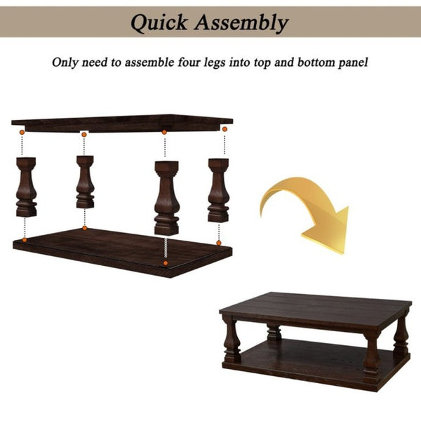 English Elm Farmhouse Rectangular Coffee Table Two Tier Open Shelf Carved Legs Living Room Espresso W1202P426202