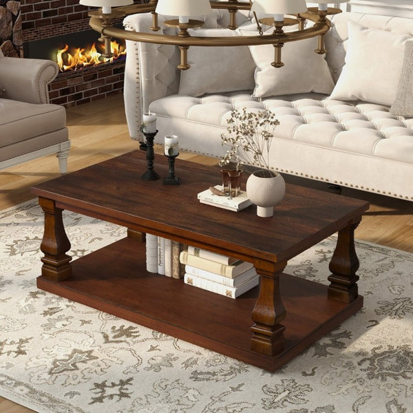 English Elm Farmhouse Rectangular Coffee Table Two Tier Open Shelf Carved Legs Living Room Walnut W1202P426203