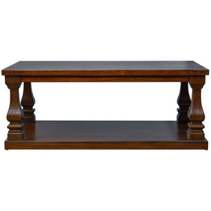 English Elm Farmhouse Rectangular Coffee Table Two Tier Open Shelf Carved Legs Living Room Walnut W1202P426203