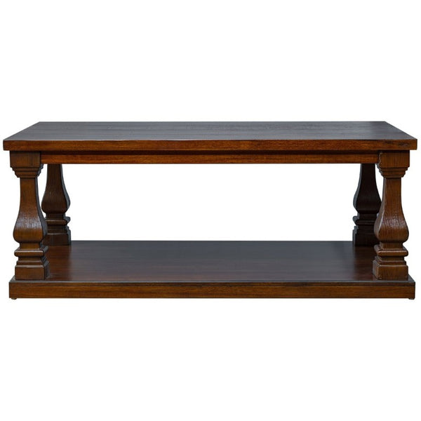 English Elm Farmhouse Rectangular Coffee Table Two Tier Open Shelf Carved Legs Living Room Walnut W1202P426203