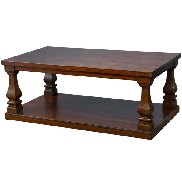 English Elm Farmhouse Rectangular Coffee Table Two Tier Open Shelf Carved Legs Living Room Walnut W1202P426203