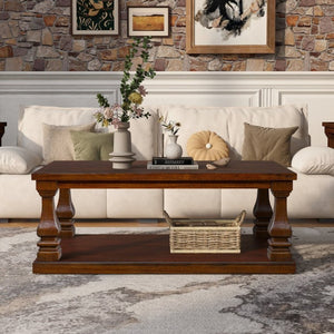 English Elm Farmhouse Rectangular Coffee Table Two Tier Open Shelf Carved Legs Living Room Walnut W1202P426203