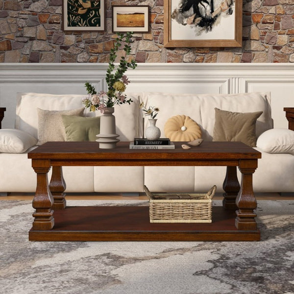 English Elm Farmhouse Rectangular Coffee Table Two Tier Open Shelf Carved Legs Living Room Walnut W1202P426203