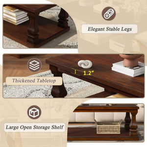 English Elm Farmhouse Rectangular Coffee Table Two Tier Open Shelf Carved Legs Living Room Walnut W1202P426203