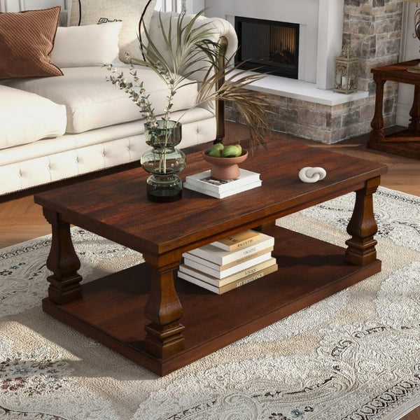 English Elm Farmhouse Rectangular Coffee Table Two Tier Open Shelf Carved Legs Living Room Walnut W1202P426203
