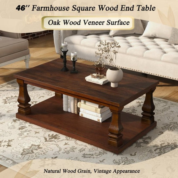 English Elm Farmhouse Rectangular Coffee Table Two Tier Open Shelf Carved Legs Living Room Walnut W1202P426203