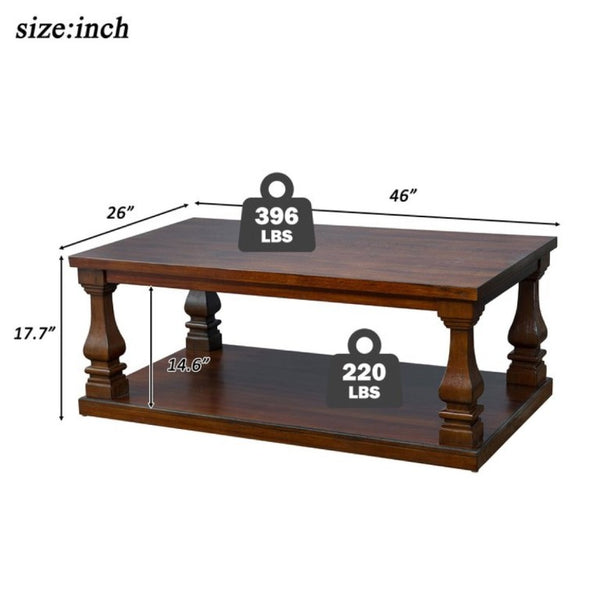 English Elm Farmhouse Rectangular Coffee Table Two Tier Open Shelf Carved Legs Living Room Walnut W1202P426203
