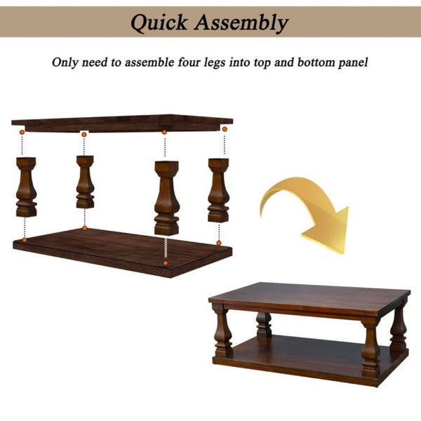 English Elm Farmhouse Rectangular Coffee Table Two Tier Open Shelf Carved Legs Living Room Walnut W1202P426203
