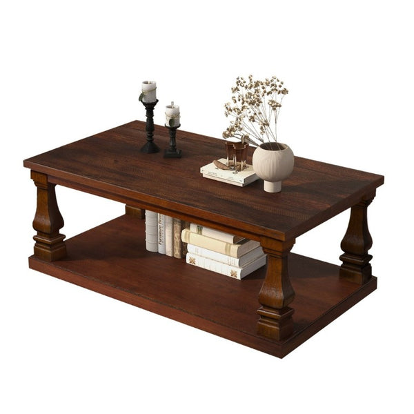 English Elm Farmhouse Rectangular Coffee Table Two Tier Open Shelf Carved Legs Living Room Walnut W1202P426203