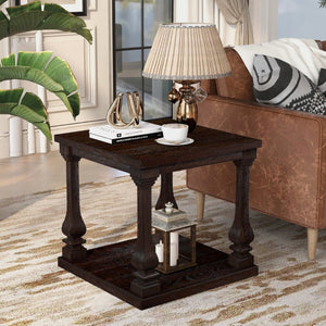 English Elm 24.8 Inch Farmhouse Square End Table Two Tier Open Shelf Carved Legs Espresso Finish W1202P426204