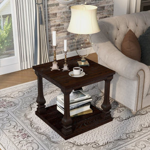 English Elm 24.8 Inch Farmhouse Square End Table Two Tier Open Shelf Carved Legs Espresso Finish W1202P426204