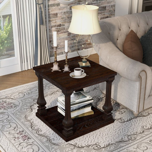 English Elm 24.8 Inch Farmhouse Square End Table Two Tier Open Shelf Carved Legs Espresso Finish W1202P426204