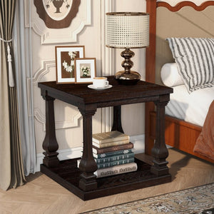 English Elm 24.8 Inch Farmhouse Square End Table Two Tier Open Shelf Carved Legs Espresso Finish W1202P426204