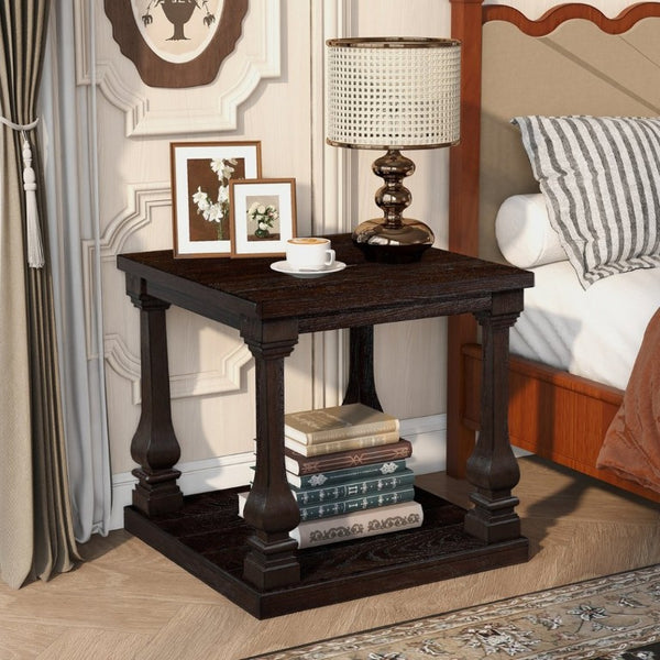 English Elm 24.8 Inch Farmhouse Square End Table Two Tier Open Shelf Carved Legs Espresso Finish W1202P426204