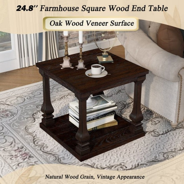 English Elm 24.8 Inch Farmhouse Square End Table Two Tier Open Shelf Carved Legs Espresso Finish W1202P426204