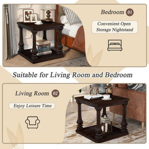 English Elm 24.8 Inch Farmhouse Square End Table Two Tier Open Shelf Carved Legs Espresso Finish W1202P426204