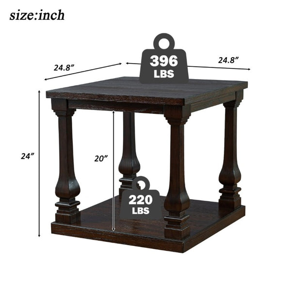 English Elm 24.8 Inch Farmhouse Square End Table Two Tier Open Shelf Carved Legs Espresso Finish W1202P426204